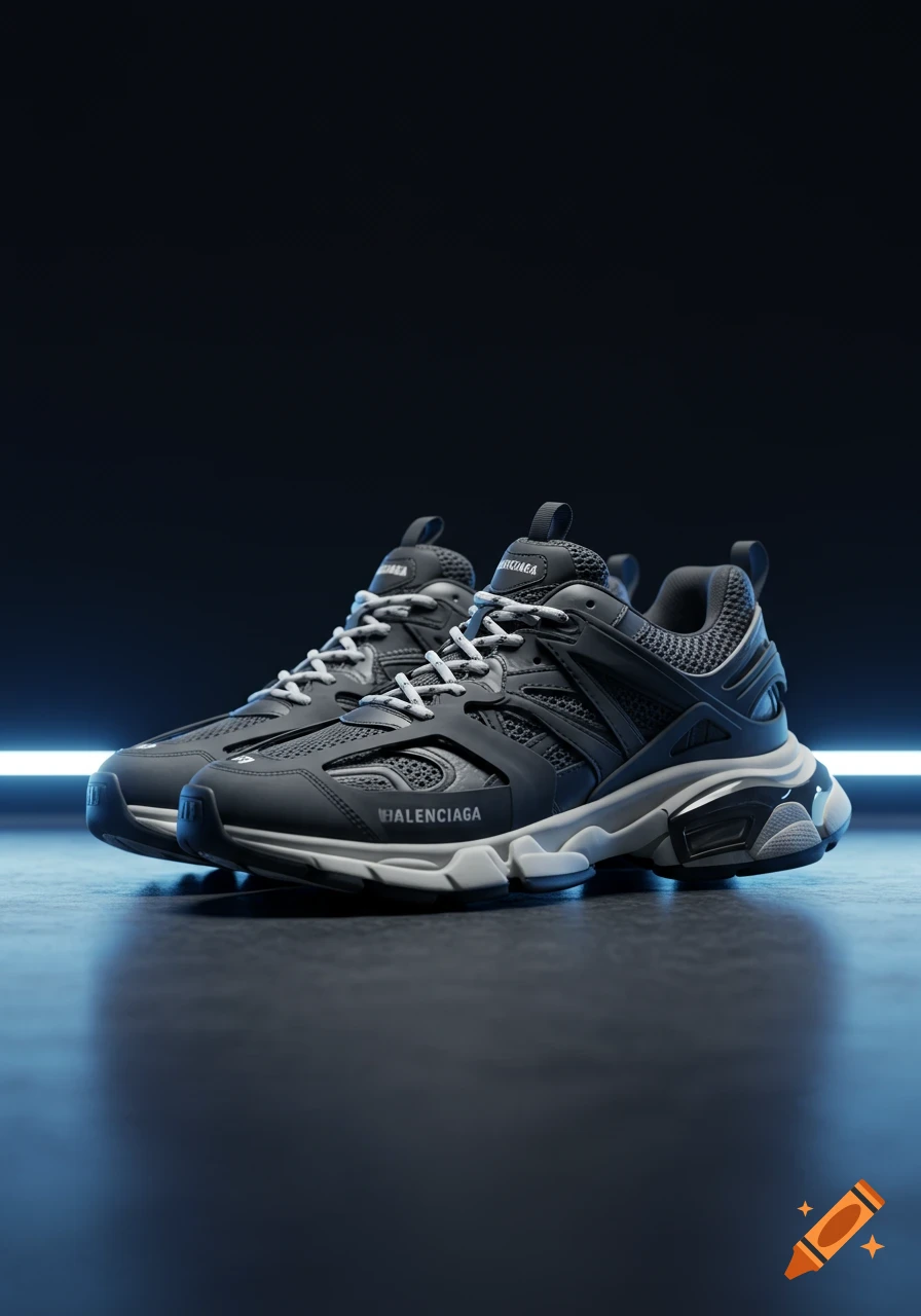 A pair of dark grey Balenciaga chunky sneakers with white laces on a reflective dark surface with a blue light bar in the background.