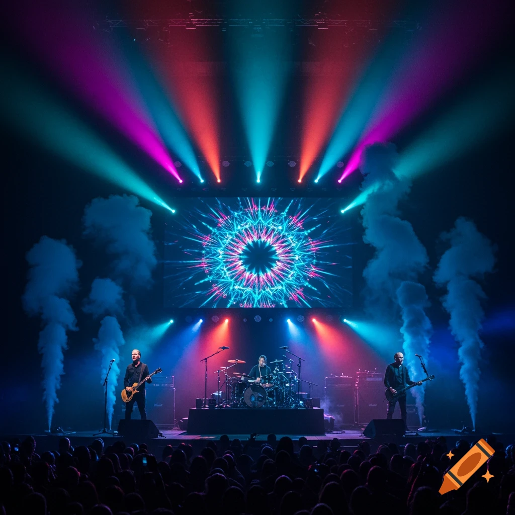 A live band performs on a brightly lit stage with colorful beams and a psychedelic screen, in front of a large audience.