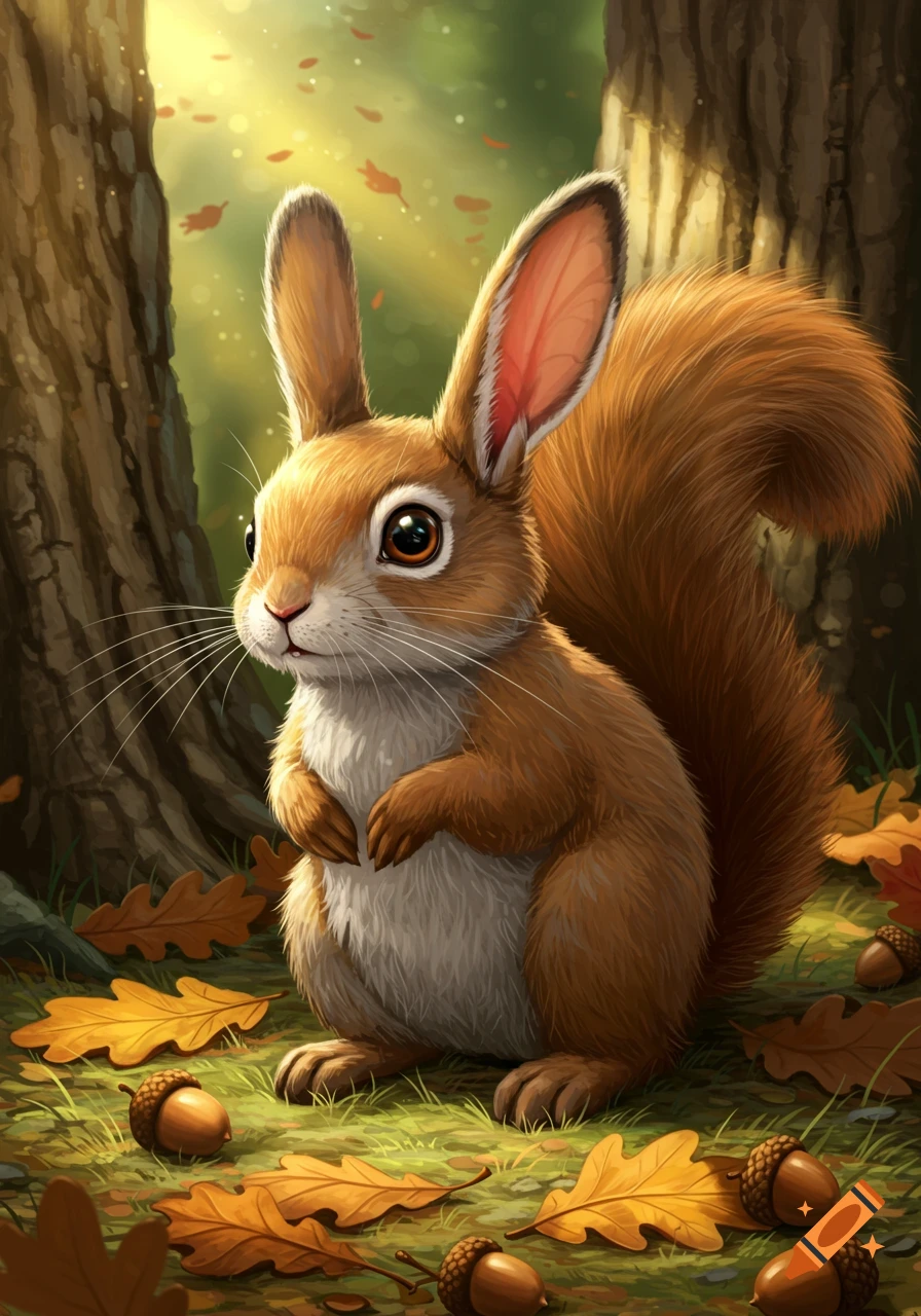 A cute rabbit-squirrel hybrid animal sits in a sunlit forest among autumn leaves and acorns.