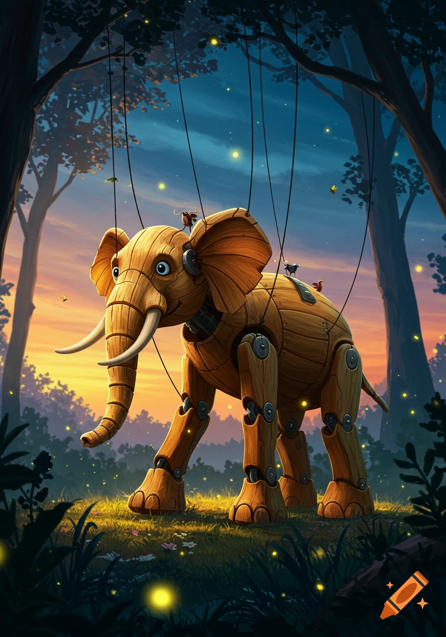A wooden elephant puppet stands in an enchanted forest at sunset with glowing fireflies.