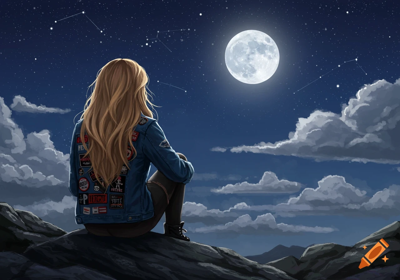 A blonde girl in a patched denim jacket sits on a rocky cliff, gazing at a large full moon and a starry night sky with constellations.