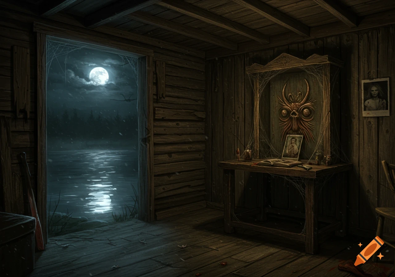 Dark and eerie scene inside a dilapidated wooden cabin with a moonlit lake visible through an open doorway, featuring a shrine with a demonic mask and a book on a table.