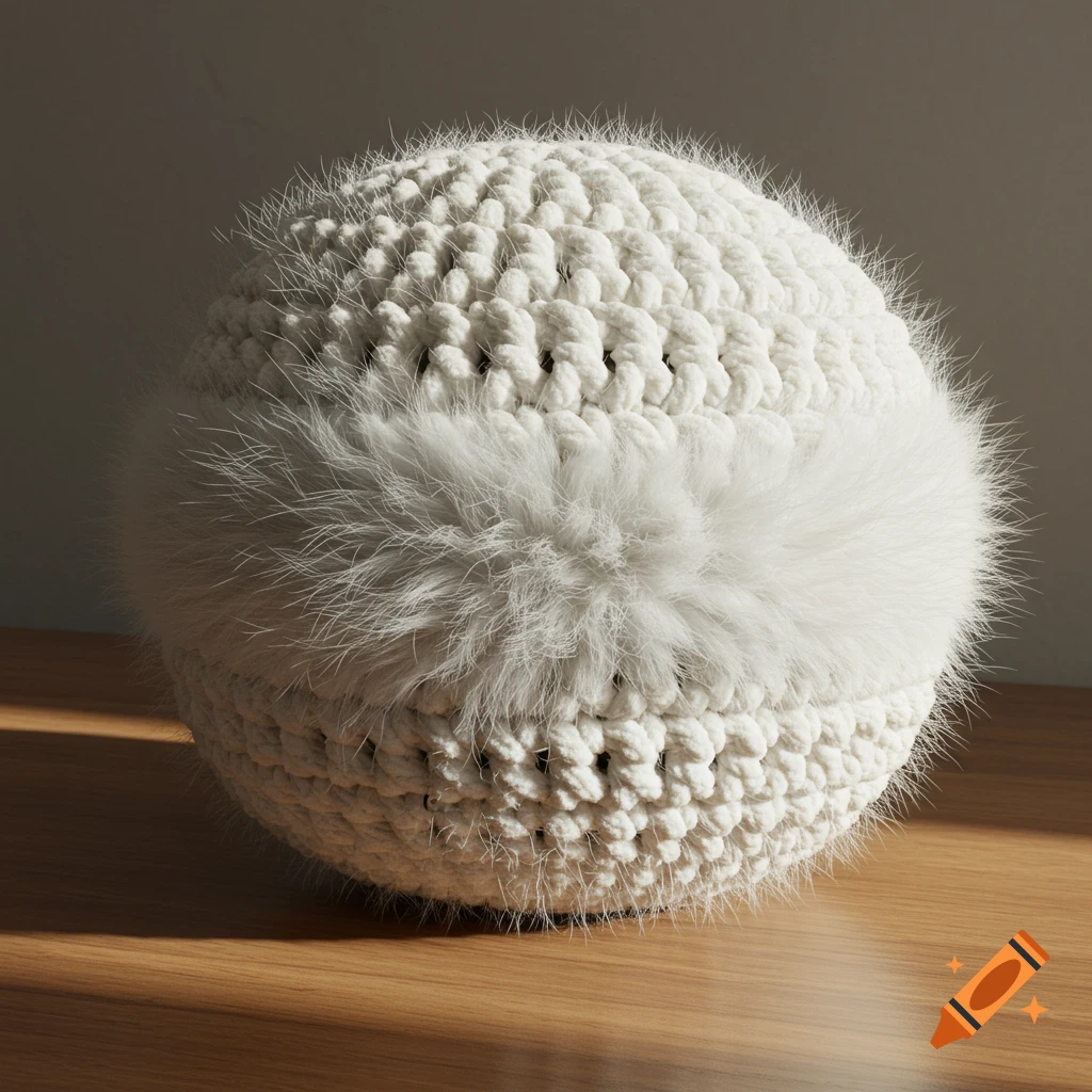 A white crocheted sphere plush with a band of white faux fur rests on a wooden surface with soft light.