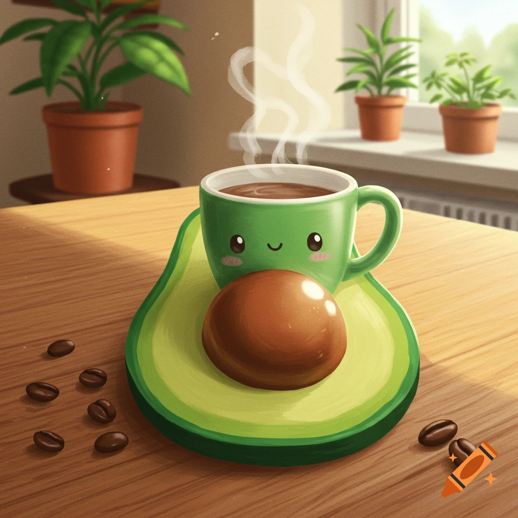 A cute green coffee cup with a happy face sits on an avocado coaster on a wooden table with coffee beans, steam rising.