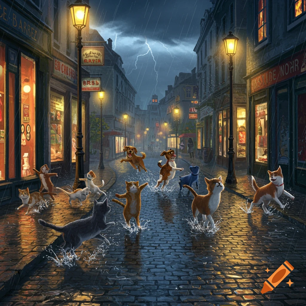 Many cats and dogs leap and splash through puddles on a rainy cobblestone street at night, illuminated by glowing streetlights.