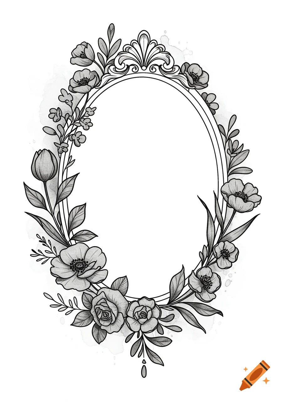 Black and white oval portrait frame surrounded by a whimsical gothic floral arrangement in detailed line art with watercolor background.