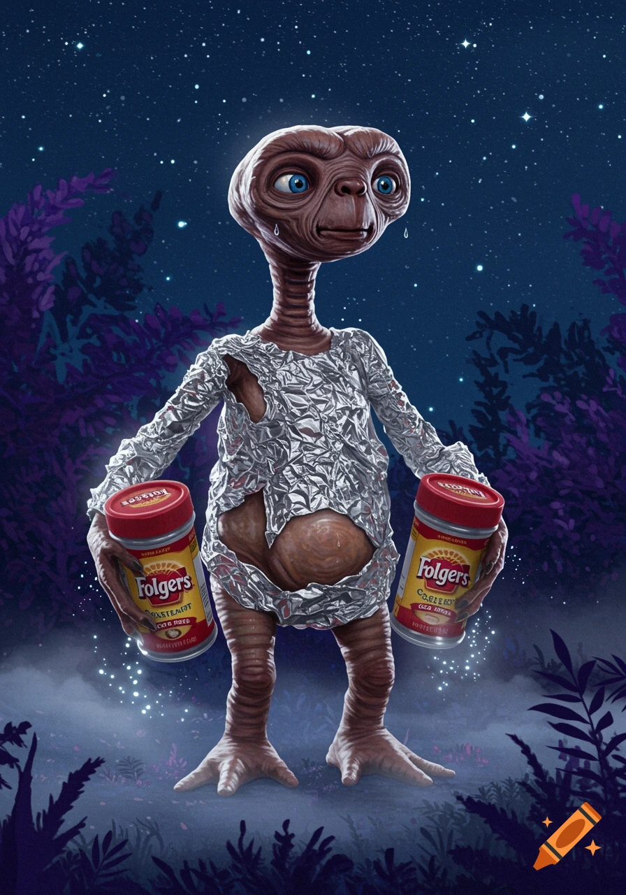 An illustration of E.T. wearing a tattered tin foil costume, holding a large red Folgers coffee canister in each hand, standing in a magical forest at night under a starry sky.