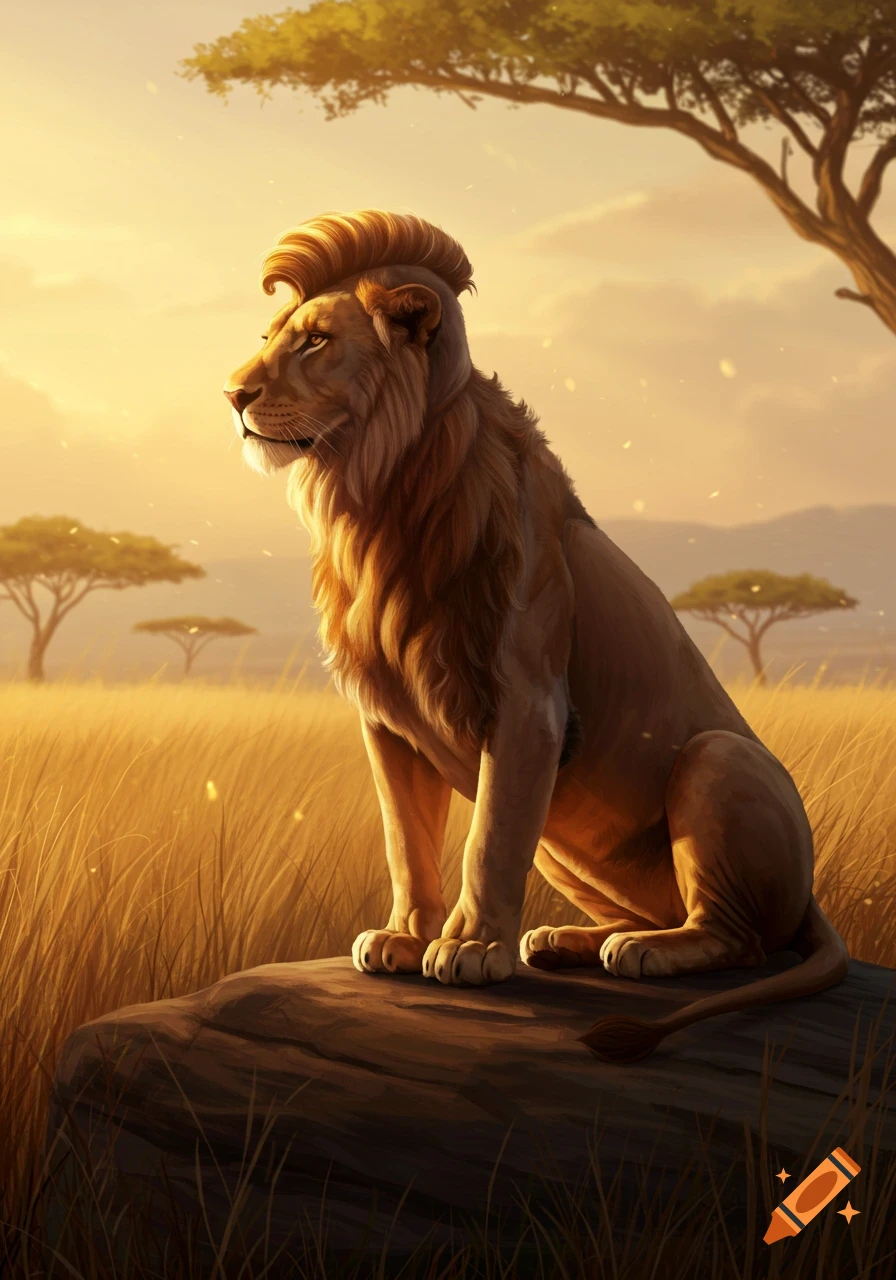 A regal lion with a buzz fade haircut sits on a rock in a golden savanna at sunset, detailed digital illustration.