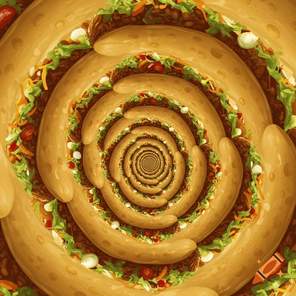 An abstract image showing a fractal spiral made of many tacos filled with smaller tacos and lettuce.