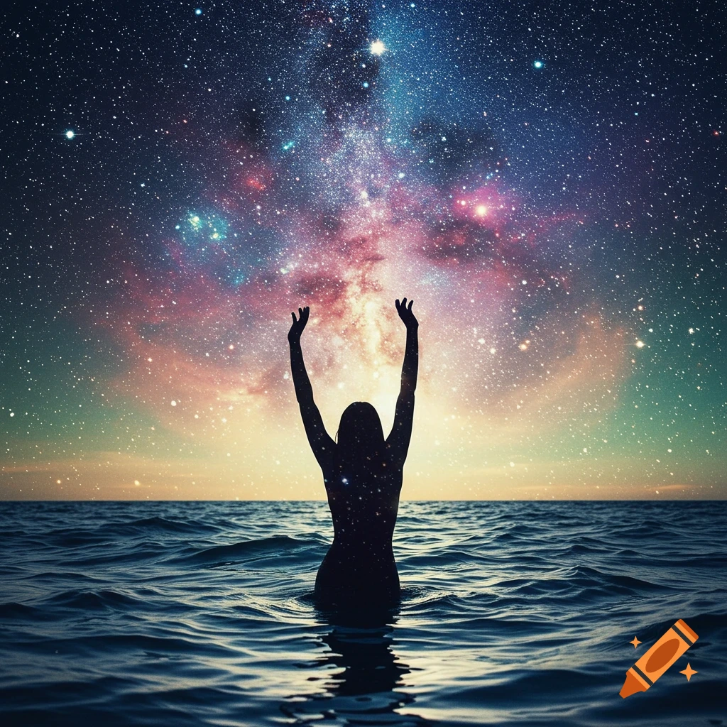 Silhouette of a person standing in water with arms raised towards a vibrant, star-filled night sky with the Milky Way.