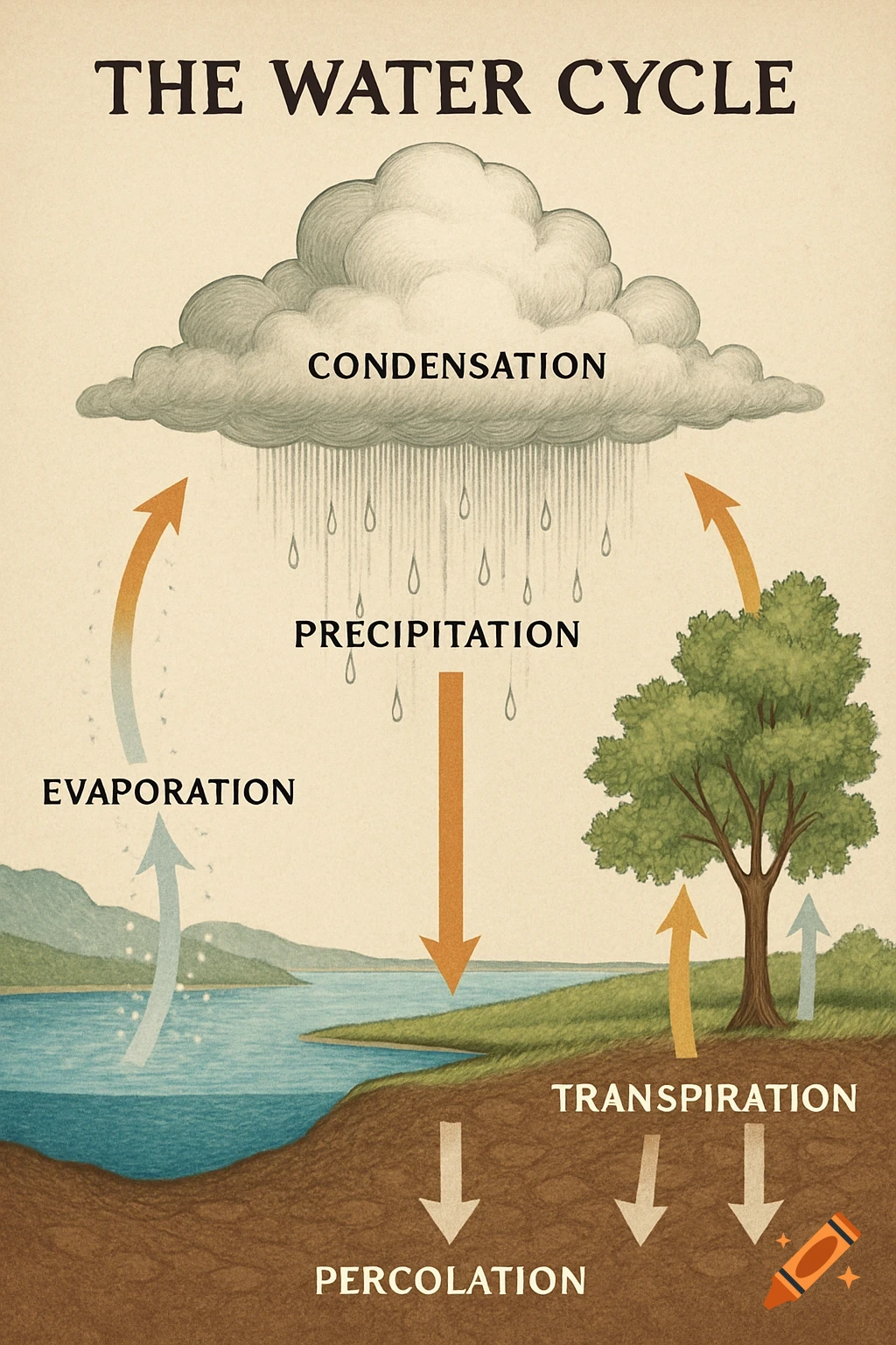 An educational diagram illustrating the water cycle with processes like condensation, precipitation, evaporation, transpiration, and percolation.