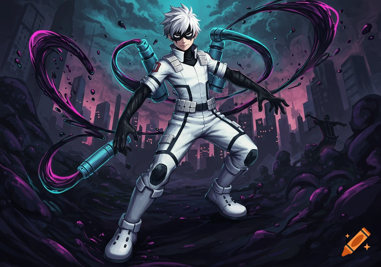 An anime superhero with white hair and a white and black suit manipulates purple and black ink in a dark city.