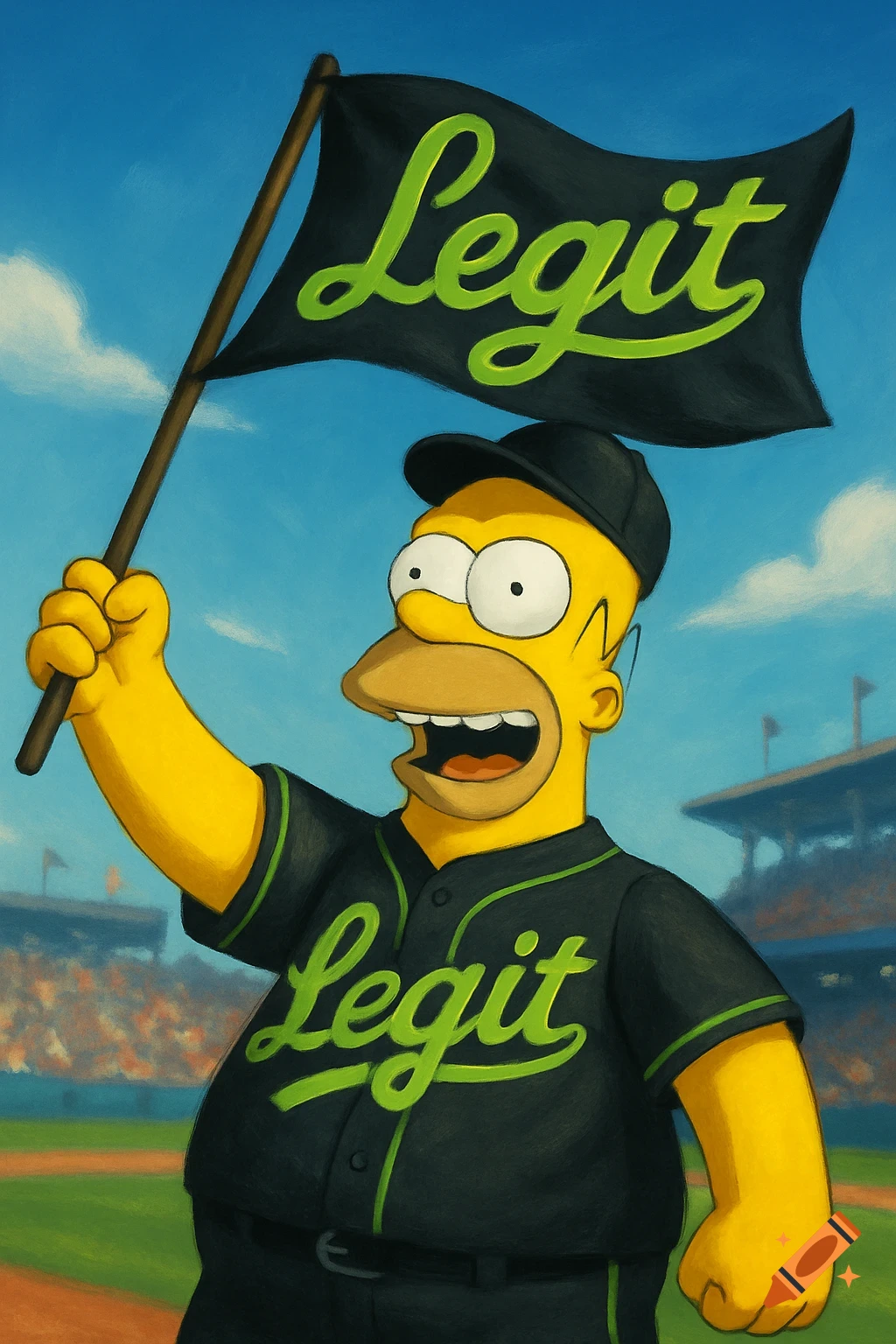 Homer Simpson in a black baseball uniform and cap holds a black flag, both saying 'Legit' in lime green, at a baseball stadium.