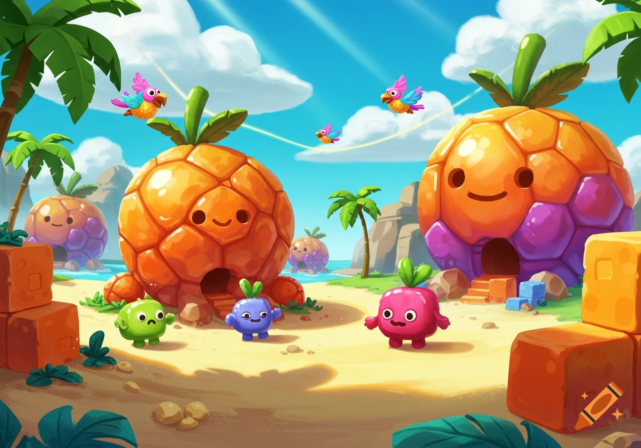 Colorful cartoon pineapple houses and adorable fruit characters on a sunny tropical beach with palm trees and birds.