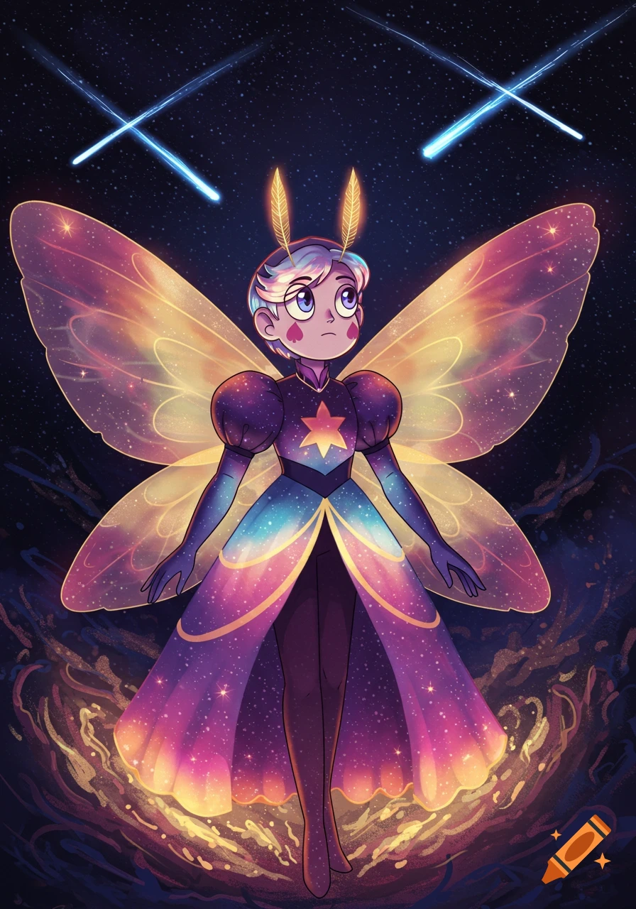 A stylized cartoon character with short white hair, large shimmering butterfly wings, and a starry purple and blue dress against a dark, starry sky with blue comet trails.