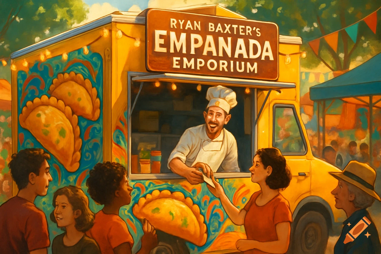 A vibrant illustration of a food truck at a market, with a chef serving customers empanadas.