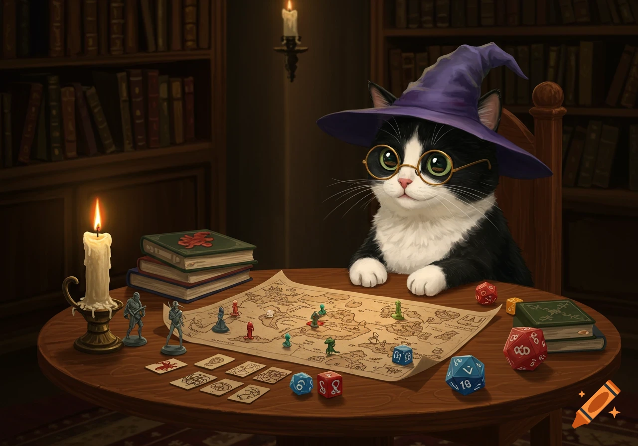 A cute black and white tuxedo cat wearing a purple wizard hat and glasses sits at a table playing Dungeons & Dragons, surrounded by dice, game pieces, a map, and books, lit by candlelight.