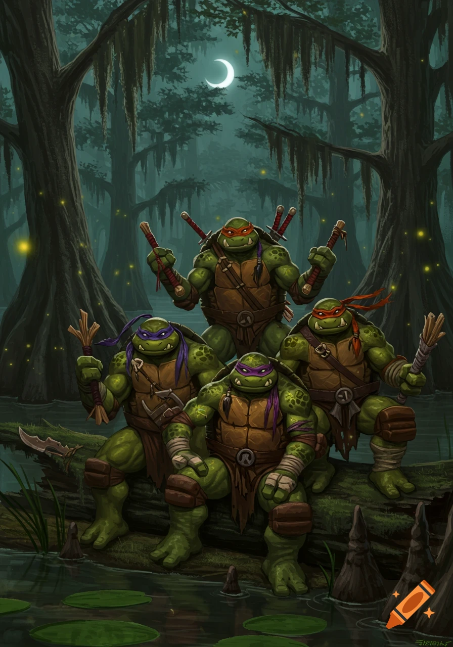 Four Teenage Mutant Ninja Turtles sit on a log in a dark, moonlit swamp, holding their weapons. Stylized art.