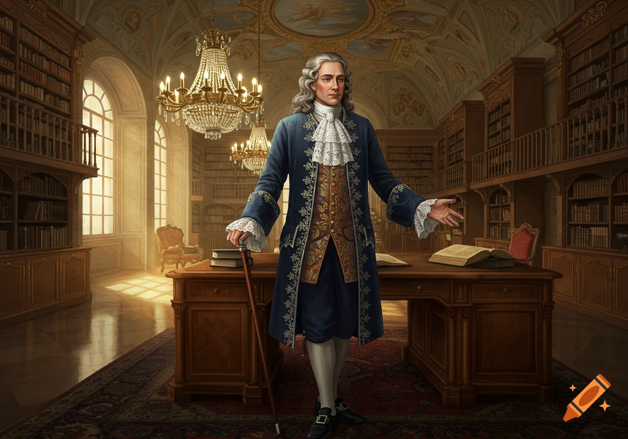 A man in baroque attire stands in a grand, sunlit library, holding a cane.