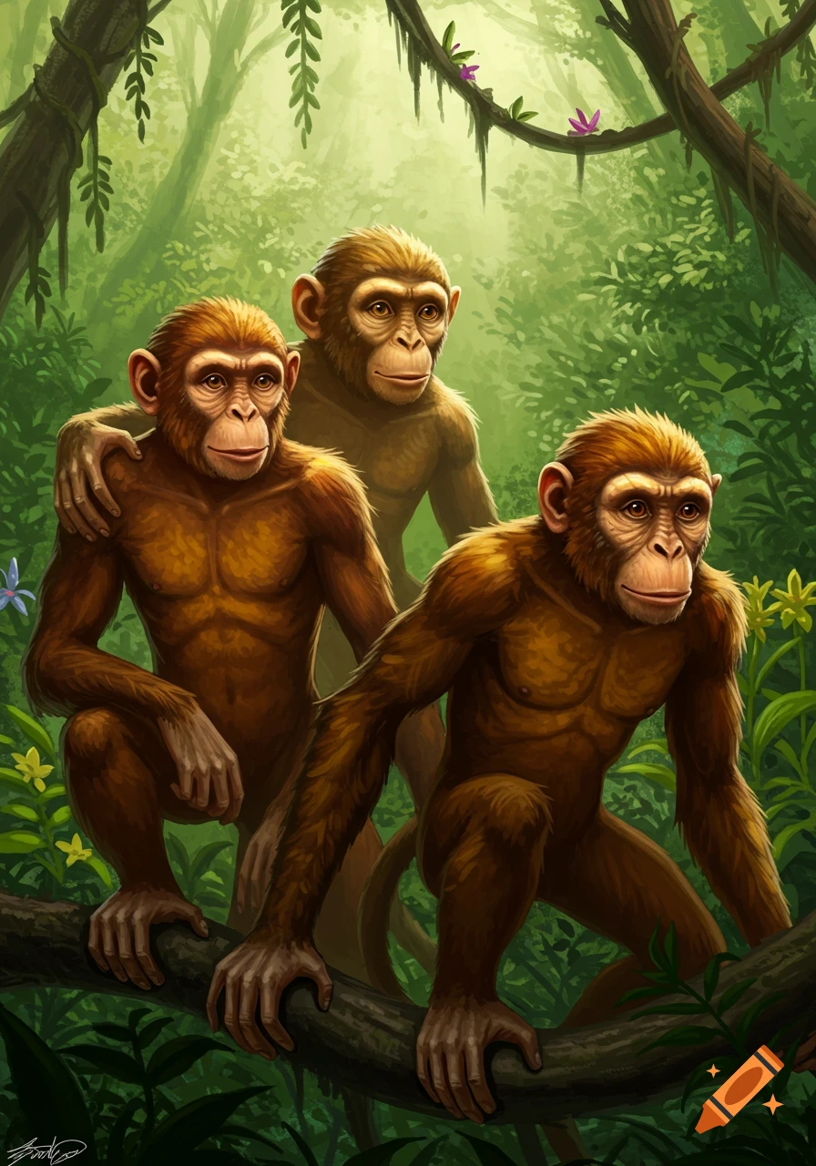 Three chimpanzees in a lush green jungle, with one arm around another, in a vibrant illustrative style.