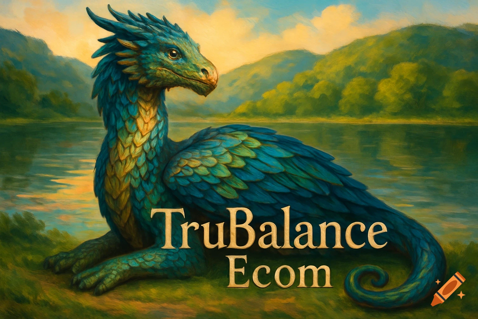 A blue and green scaly dragon rests by a lake with mountains in the background, in a painterly style, with 'TruBalance Ecom' text overlaid.