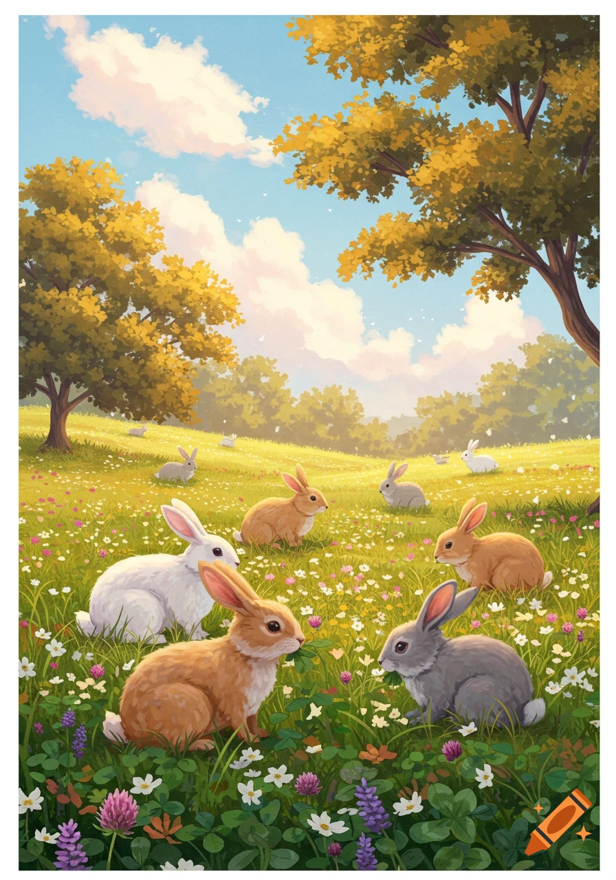 Illustrated image of several rabbits in a sunny, flower-filled meadow with trees under a blue sky.