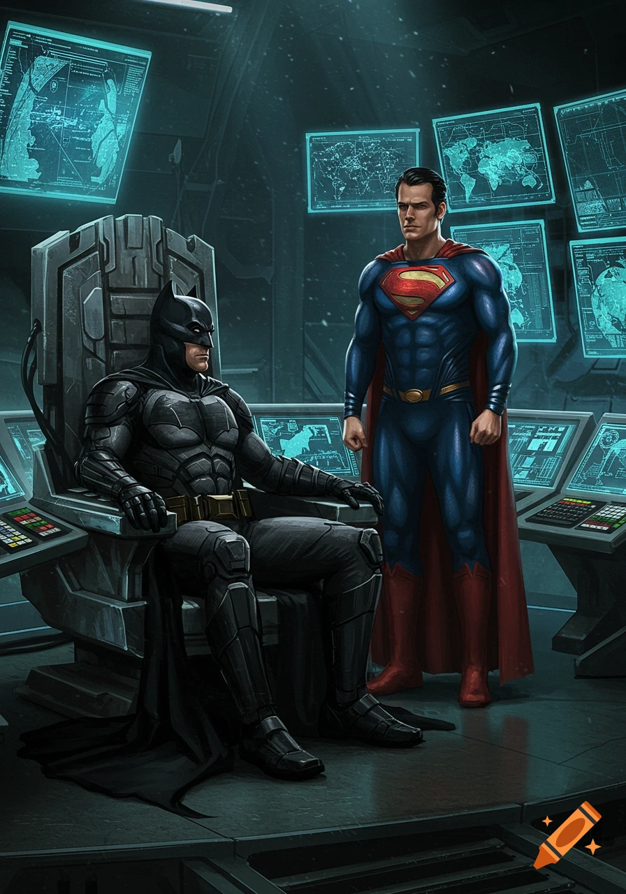 Batman sits in a high-tech control room chair as Superman stands beside him, surrounded by glowing screens.