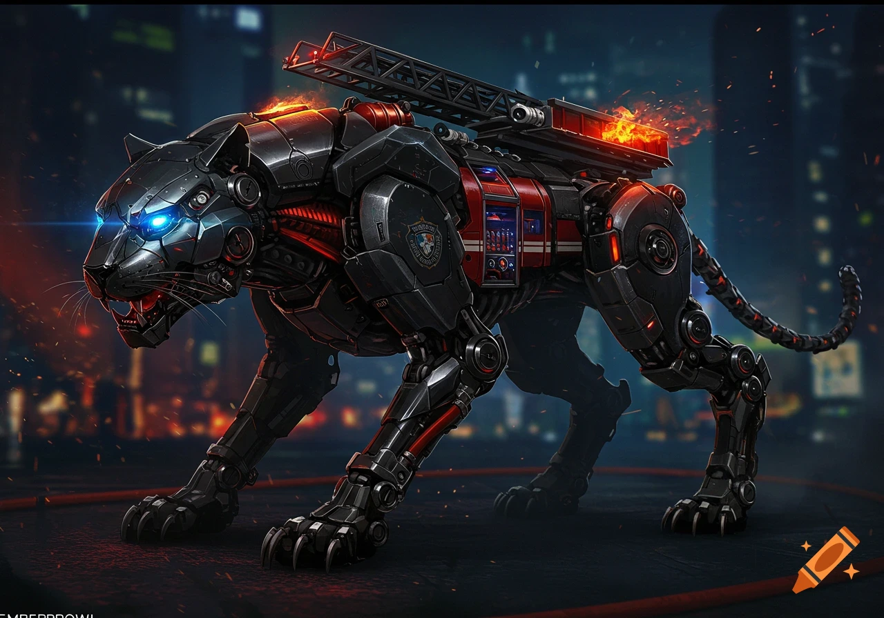 A detailed biomechanical panther with fire truck elements, glowing blue eyes, and a ladder on its back, standing in a dark city.