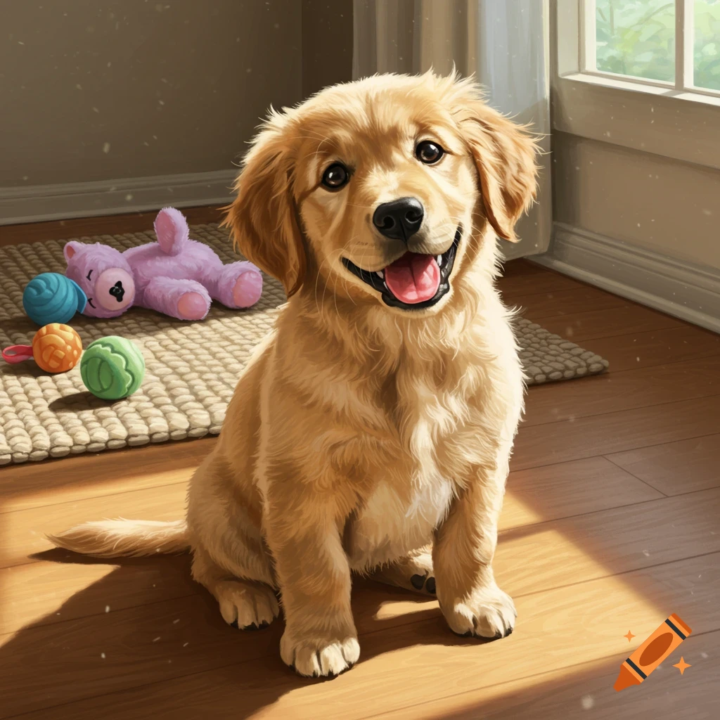 A happy golden retriever puppy sits on a wooden floor in a sunny room with toys nearby.