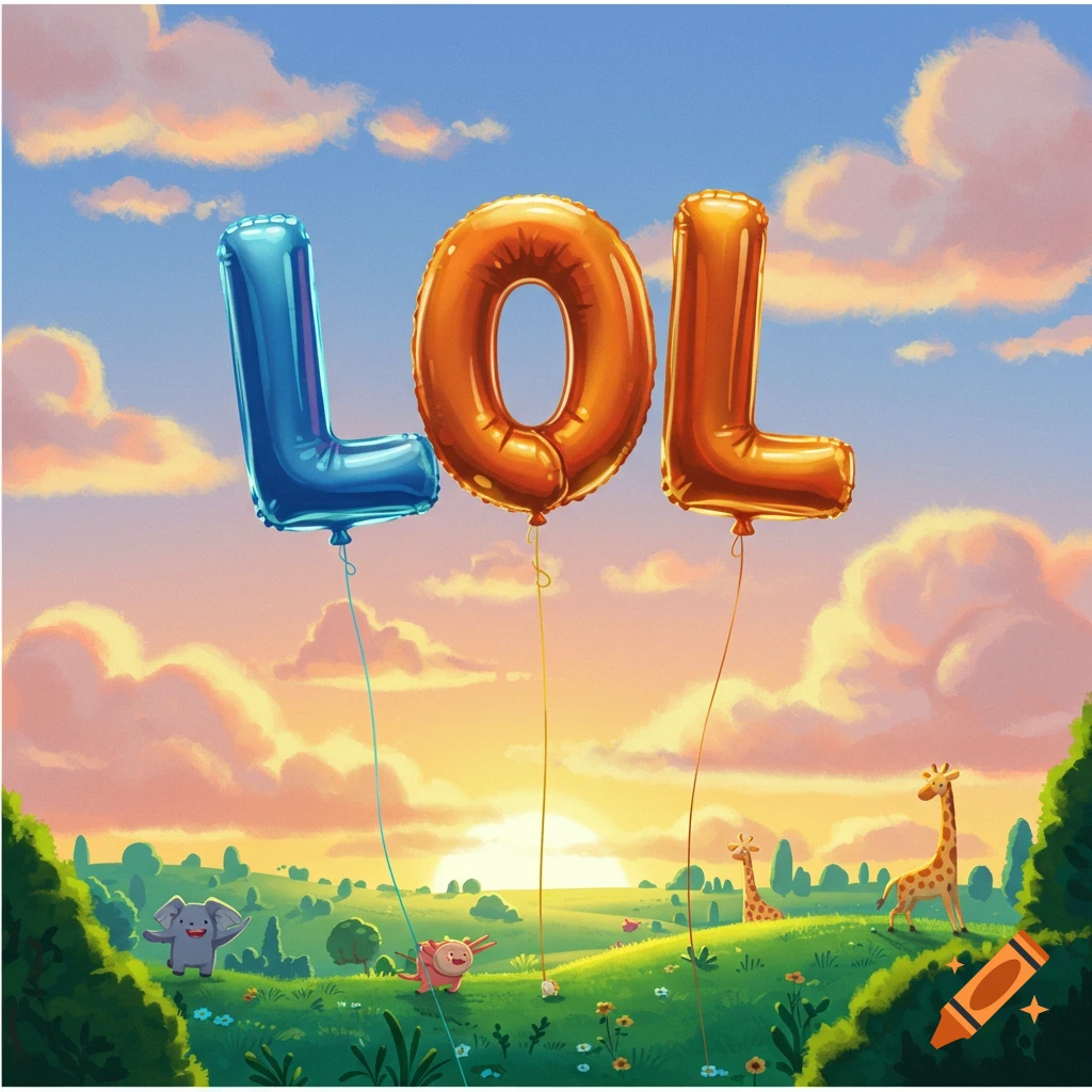 LOL balloons float over a cheerful, colorful landscape with cartoon animals and a sunset sky.