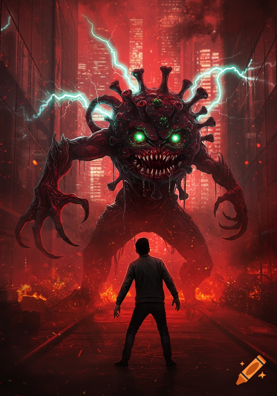A man confronts a giant, red, monstrous virus creature with green eyes and lightning in a burning city.