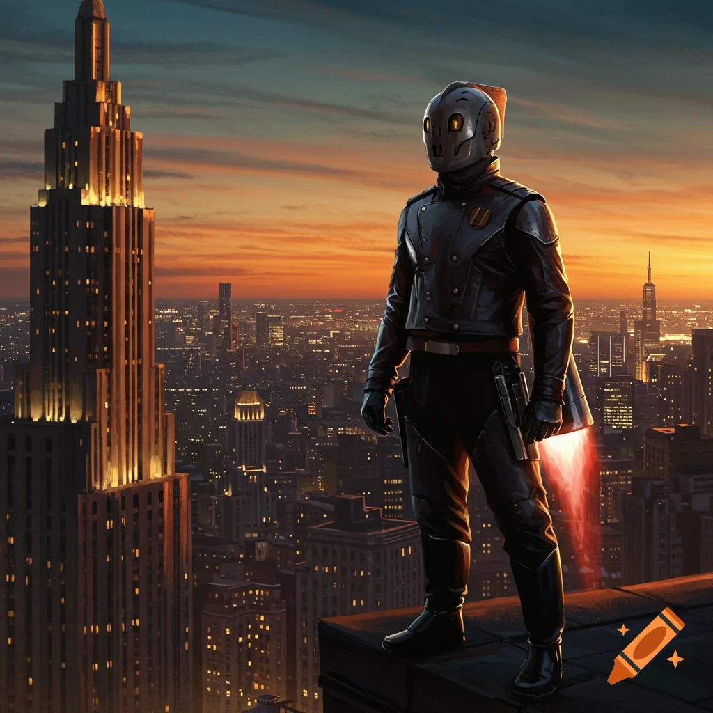 A character with a black helmet and jacket, reminiscent of The Rocketeer, stands on a city rooftop at sunset with jet exhaust.