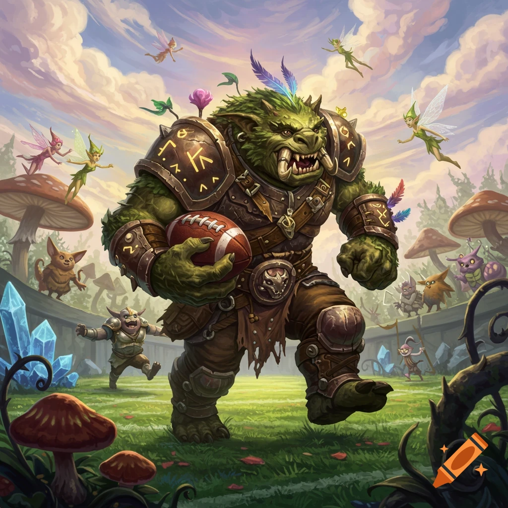A large green fantasy troglodyte in armor runs with a football across a grassy field. Fairies fly, and small creatures watch from large mushrooms.