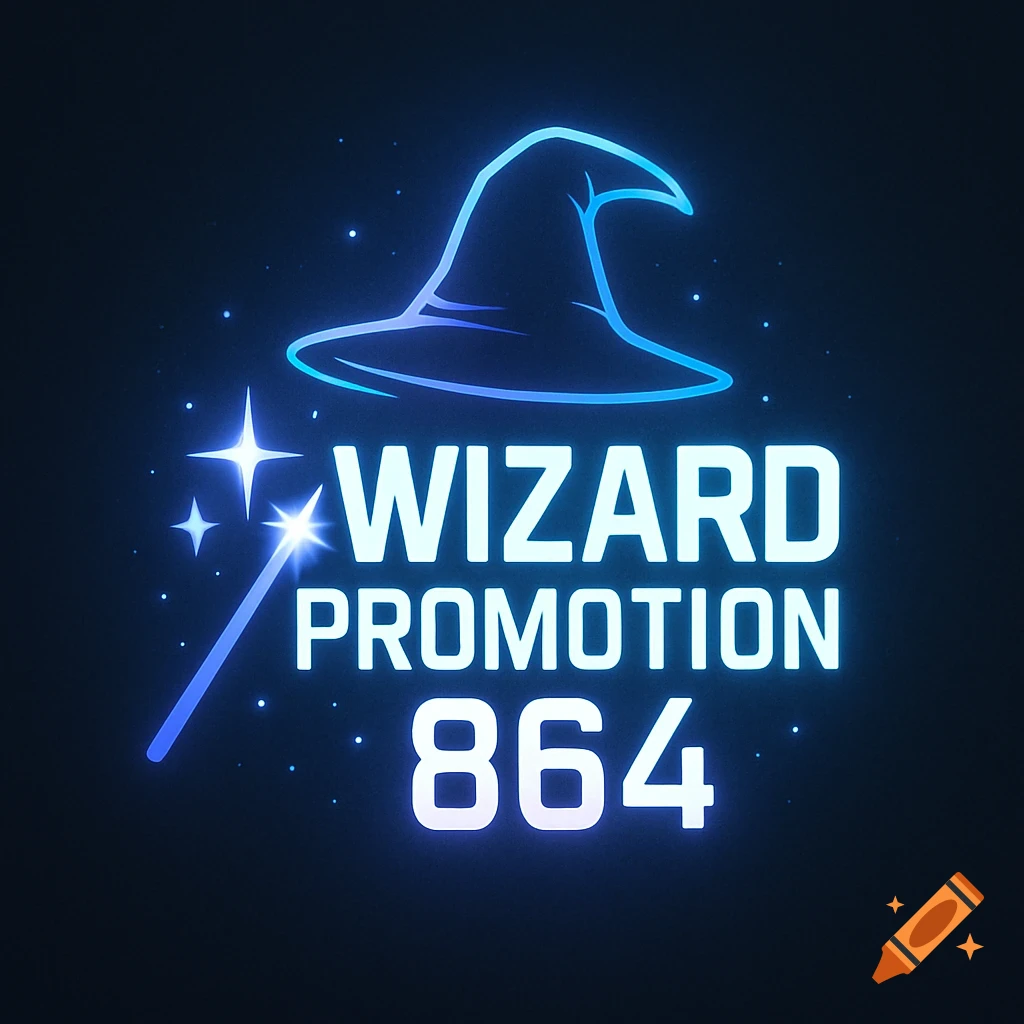 A modern blue and purple glowing logo with a wizard hat, a magic wand, and the text 'Wizard Promotion 864' against a dark background with sparkles.