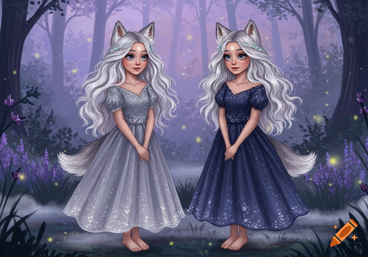Two cartoon fantasy girls with wolf ears and long white hair, wearing blue dresses, stand barefoot in a mystical purple forest.