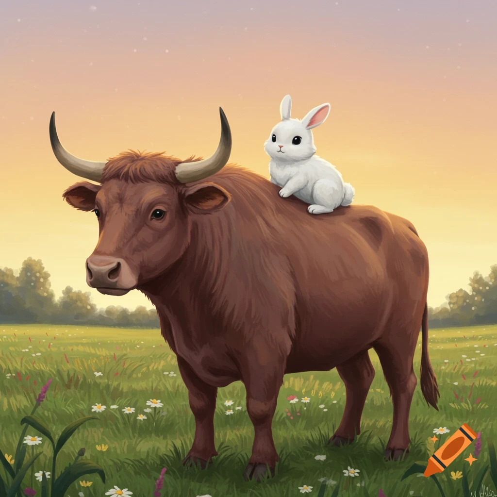 A white bunny sits on the back of a large brown ox in a grassy field with flowers under a sunset sky, in an illustrative style.