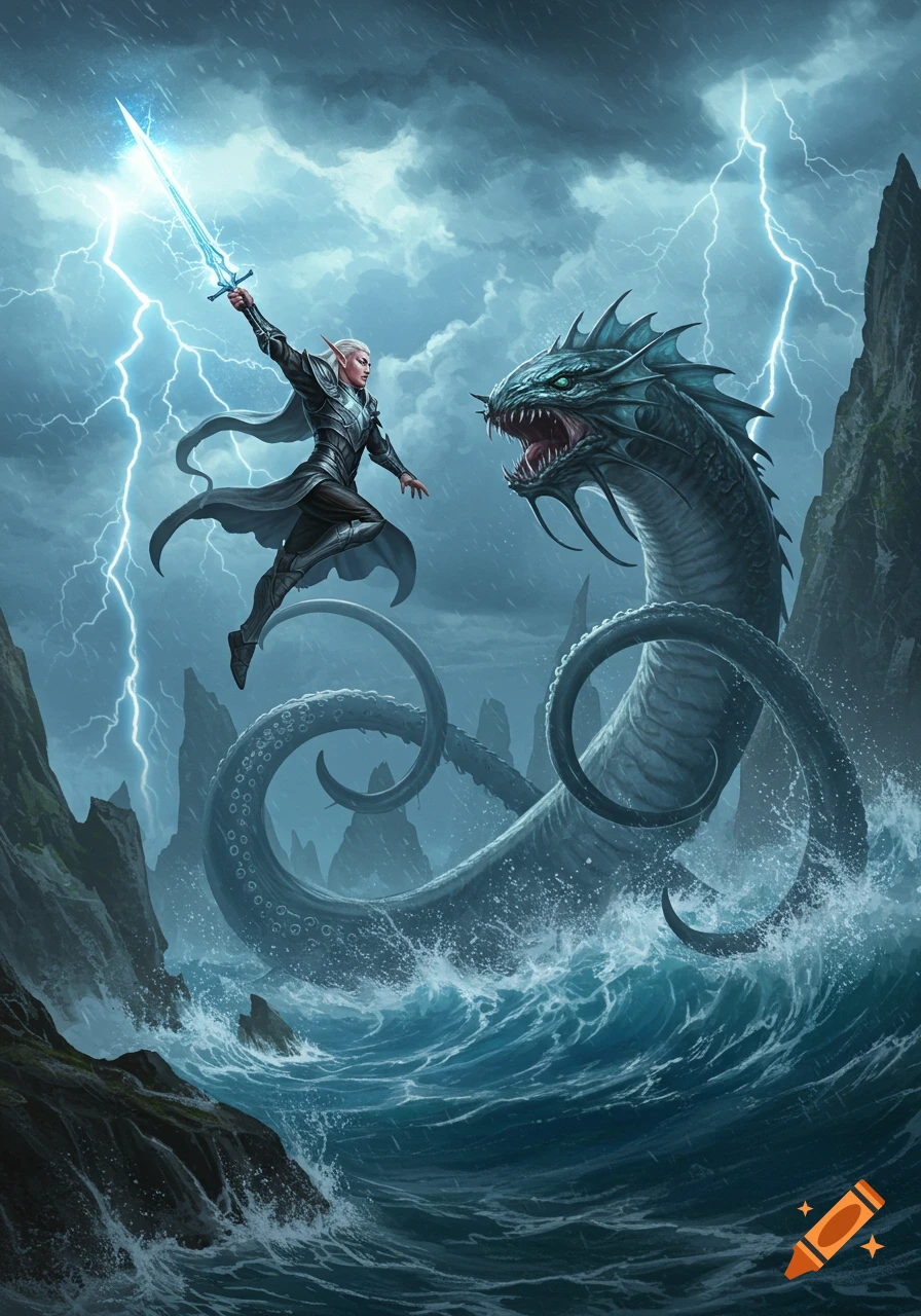 An elf with a glowing sword battles a giant tentacled sea monster amidst a stormy, lightning-filled ocean.