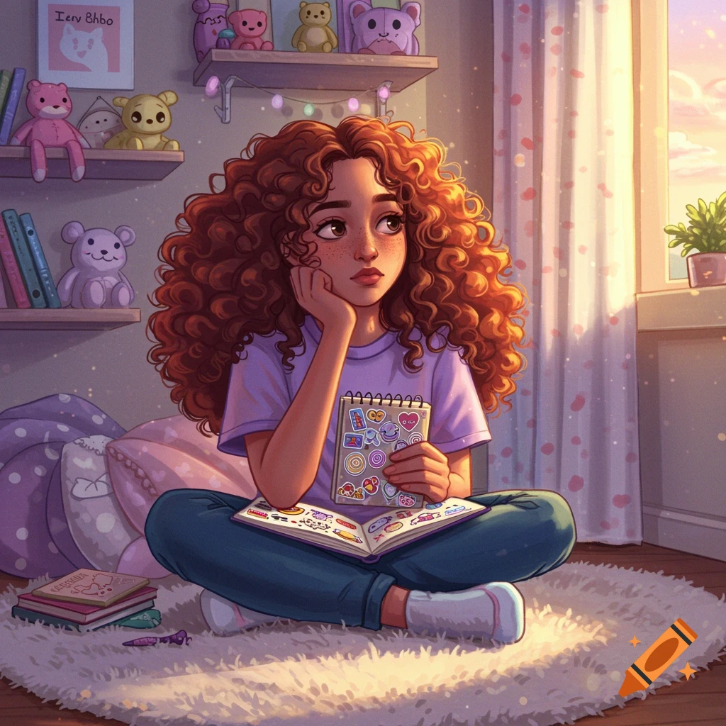 An illustration of a young girl with curly red hair, sitting cross-legged on a rug in a sunlit bedroom, holding a sticker-covered notebook and looking thoughtful. Stuffed animals are on shelves behind her.