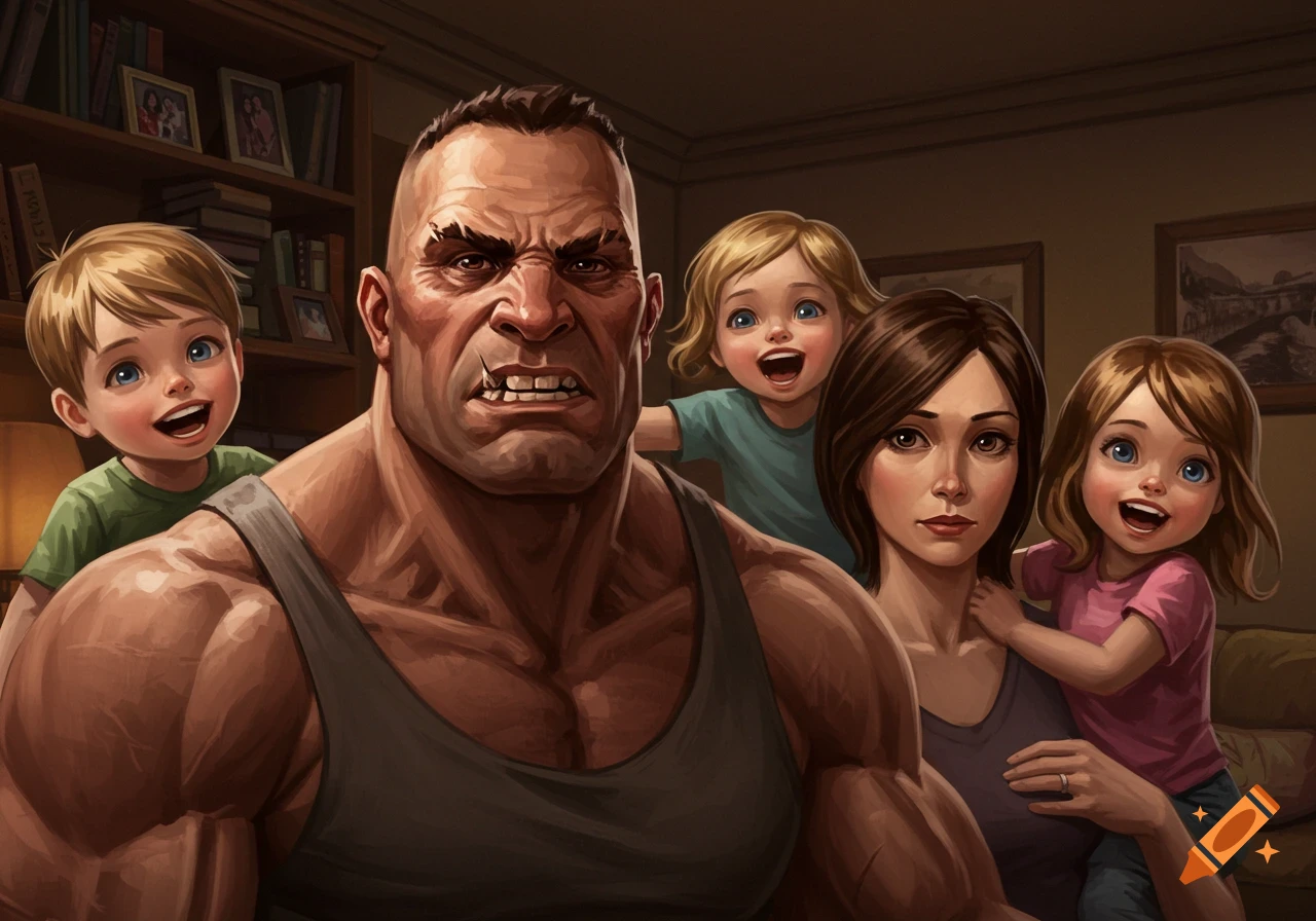 An illustrated family portrait featuring a large, scowling father with a chipped tooth, a calm mother, and three happy children in a living room.