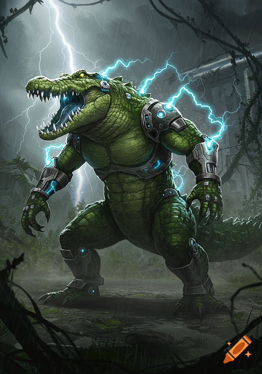 A muscular, green anthropomorphic crocodile with glowing blue mechanical armor stands in a rainy jungle, with lightning striking behind it.