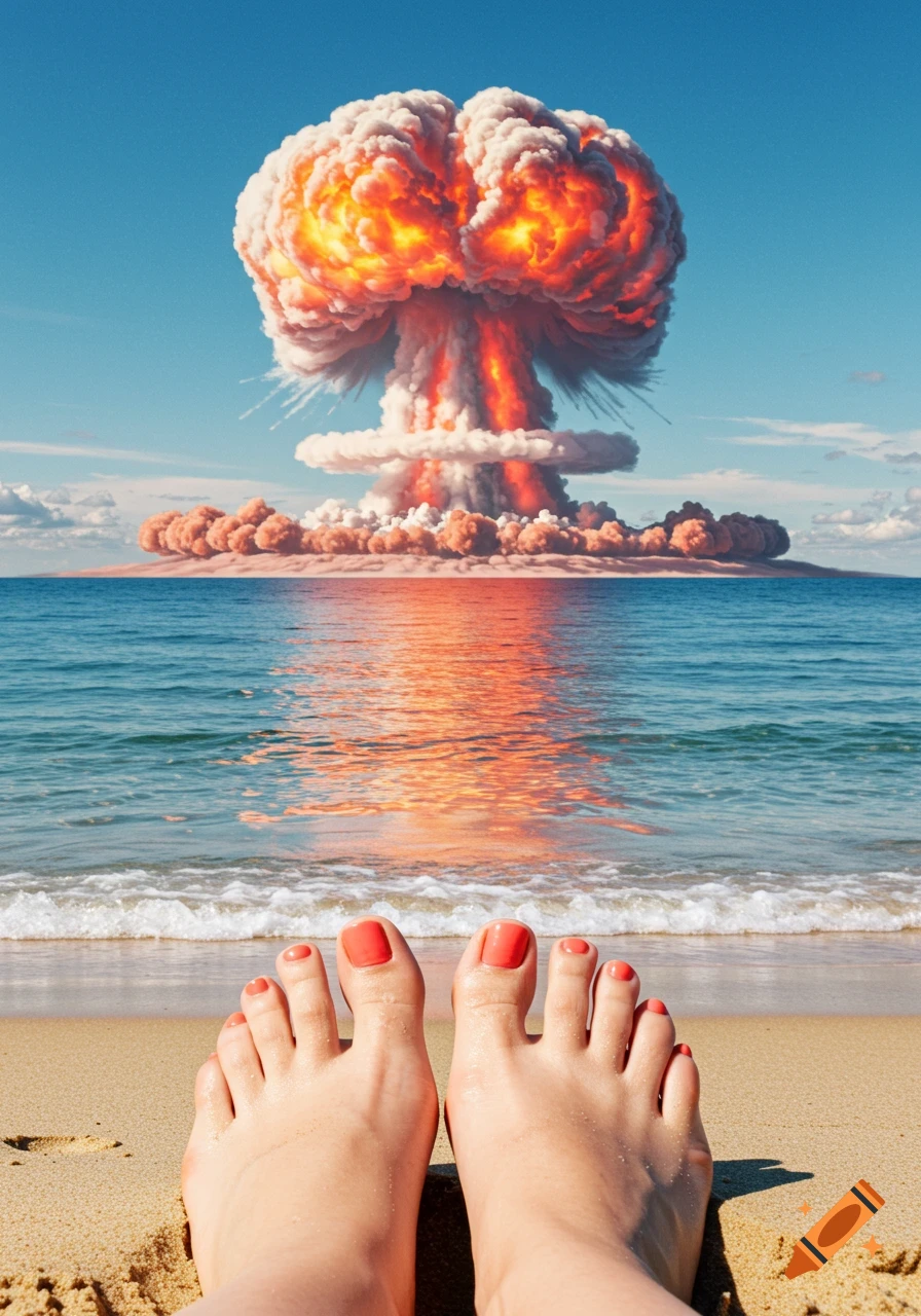 A person's feet with red painted toenails on a sandy beach look out at a nuclear mushroom cloud rising from the ocean.