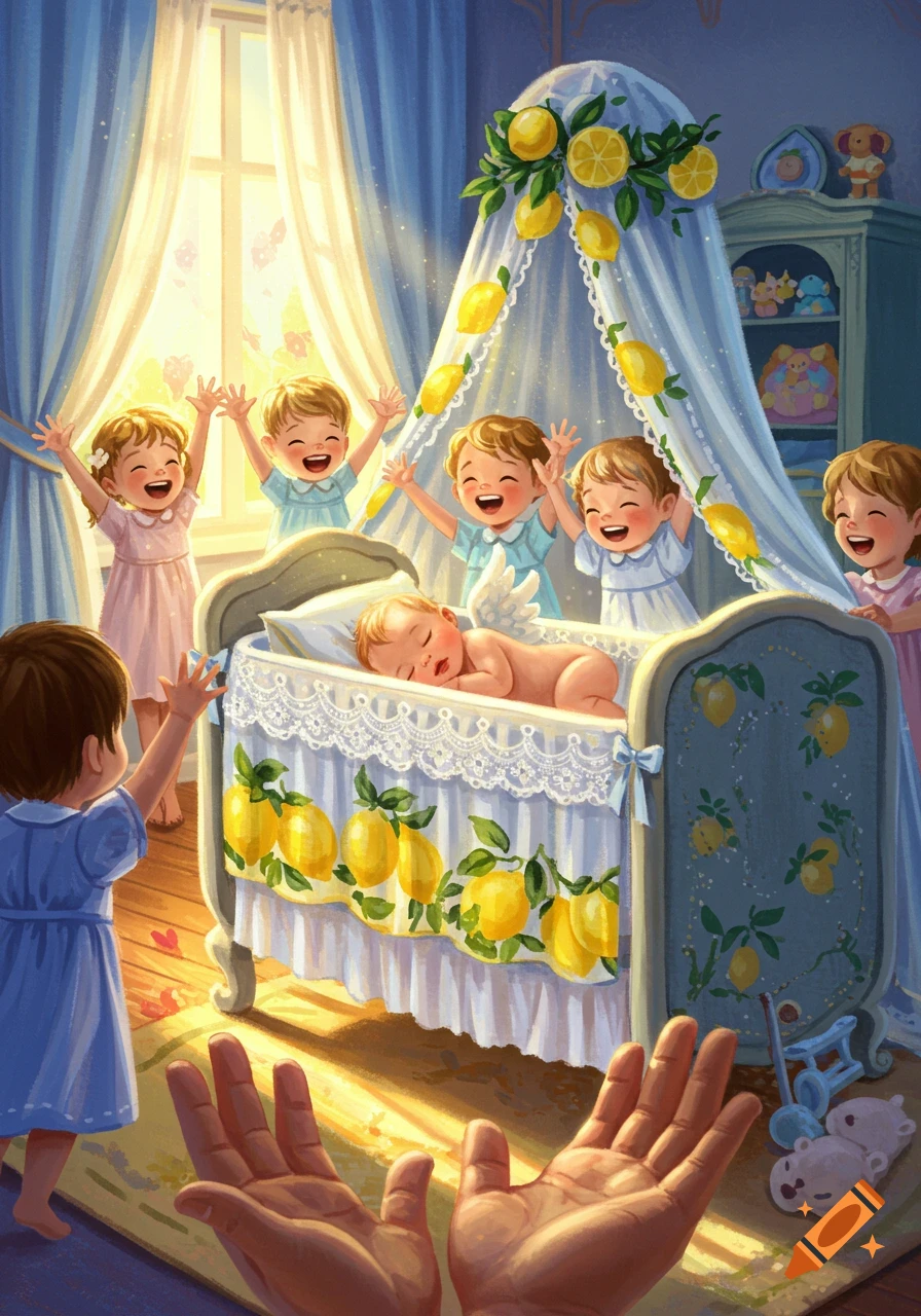 A cheerful illustration of several children excitedly gathered around a baby sleeping in a lemon-themed crib, with adult hands in the foreground.
