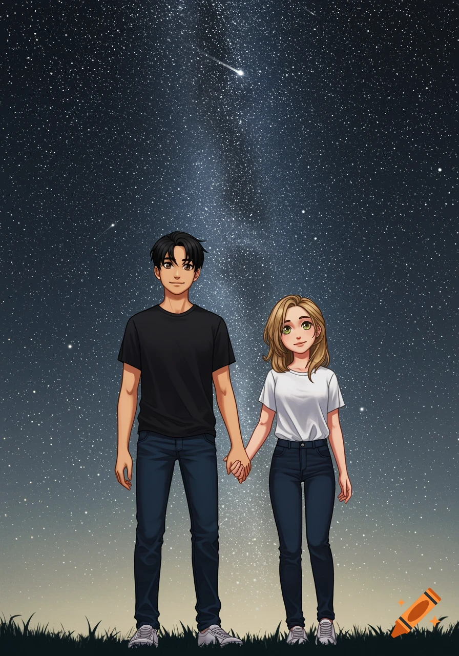 Illustrated young man and woman holding hands under a starry night sky with a shooting star.