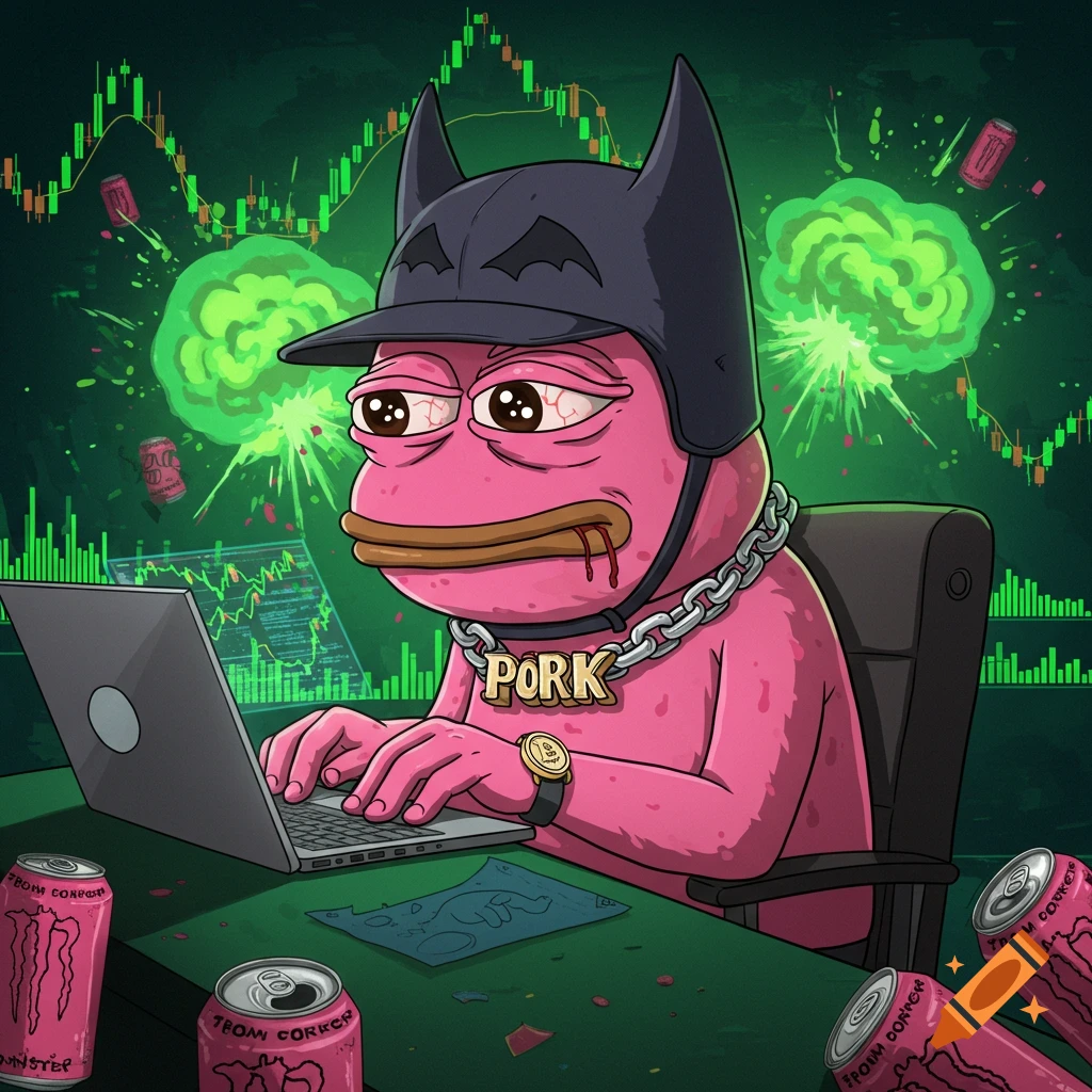 Pink Pepe the Frog wearing a Batman helmet and a "PORK" chain, typing on a laptop with crypto charts in the background.