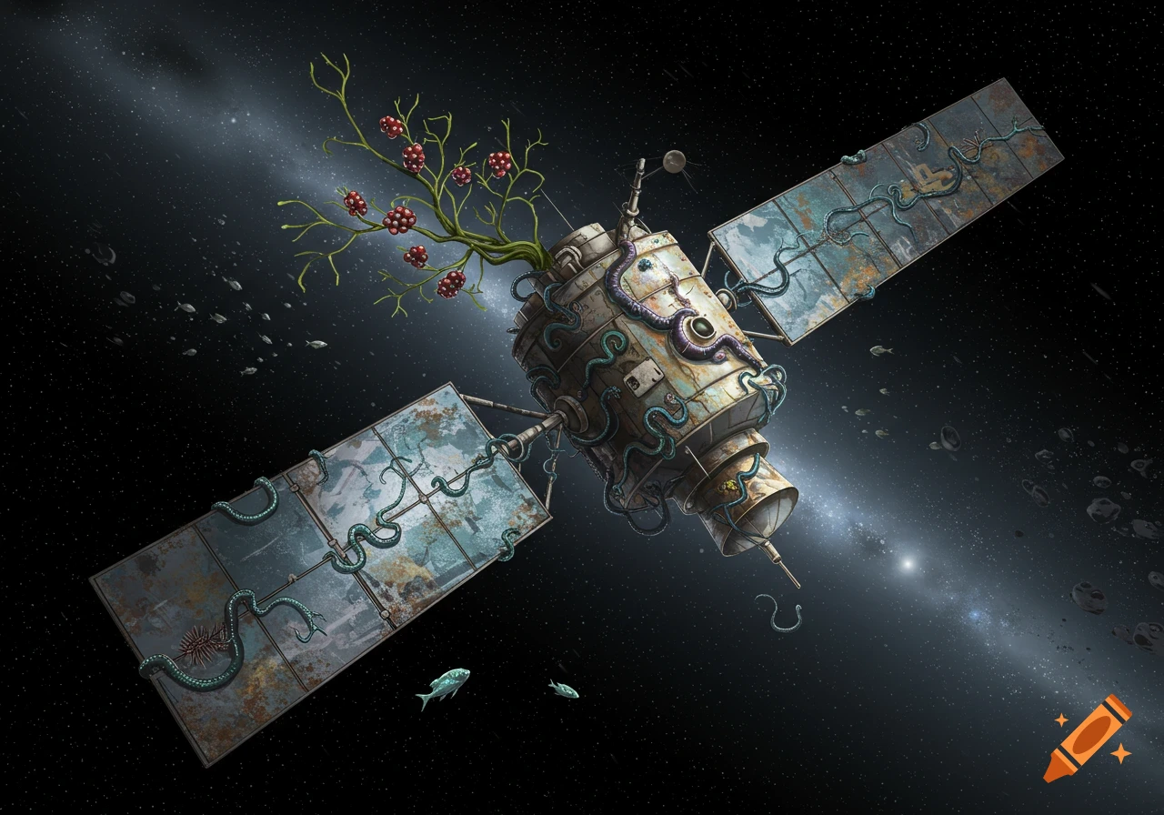 A detailed illustration of a satellite in deep space, overgrown with red-berried plants, green tentacles, and surrounded by small fish-like organisms.