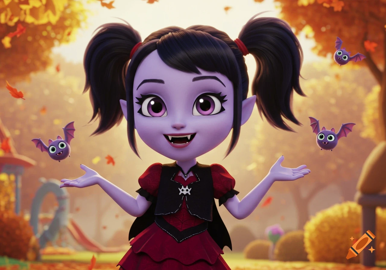 Smiling cartoon vampire girl with purple skin and pigtails in an autumn scene with bats, in Disney Junior style.