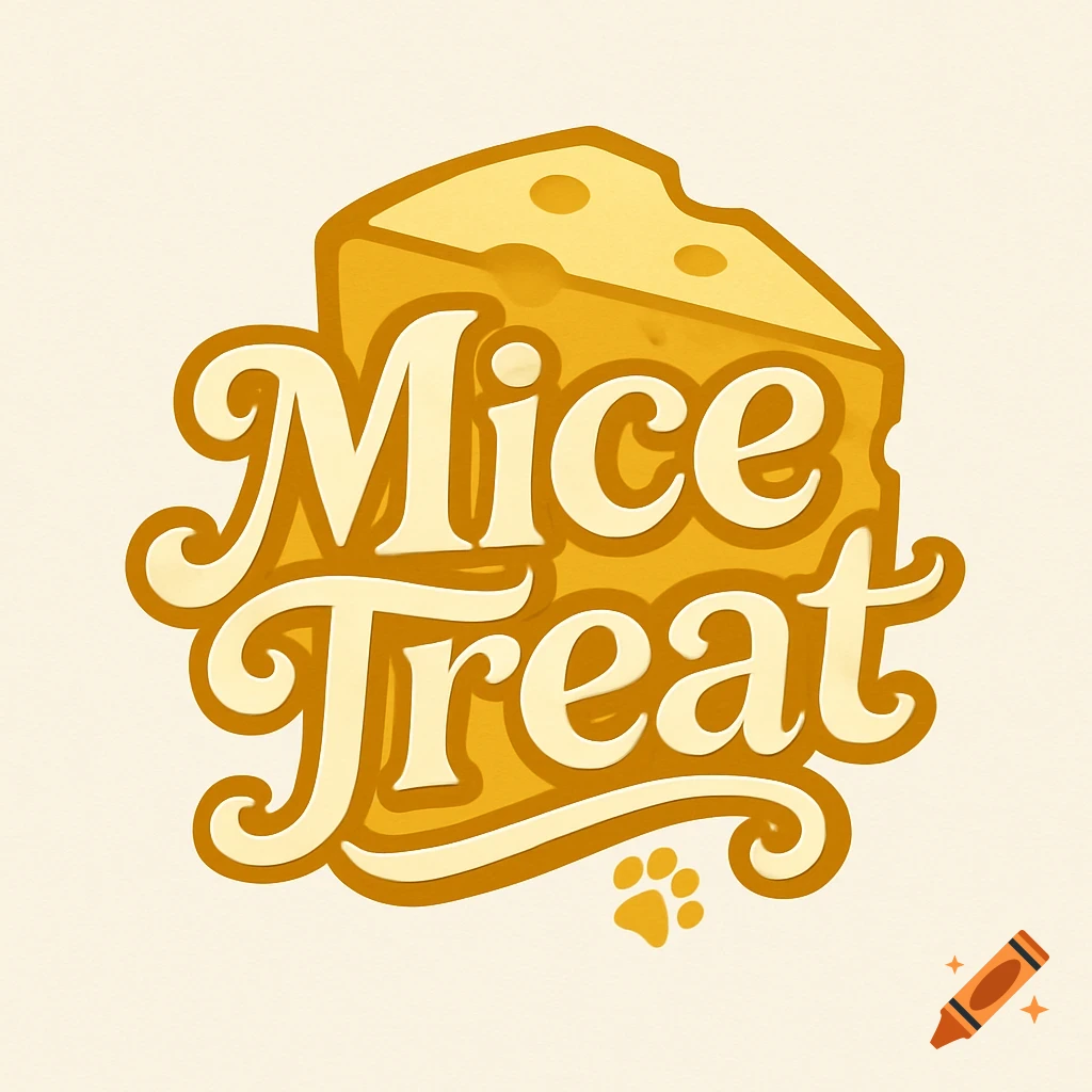 A stylized logo featuring a golden slice of Swiss cheese with the words "Mice Treat" in a creamy, whimsical font and a small yellow paw print below, all on a light beige background.