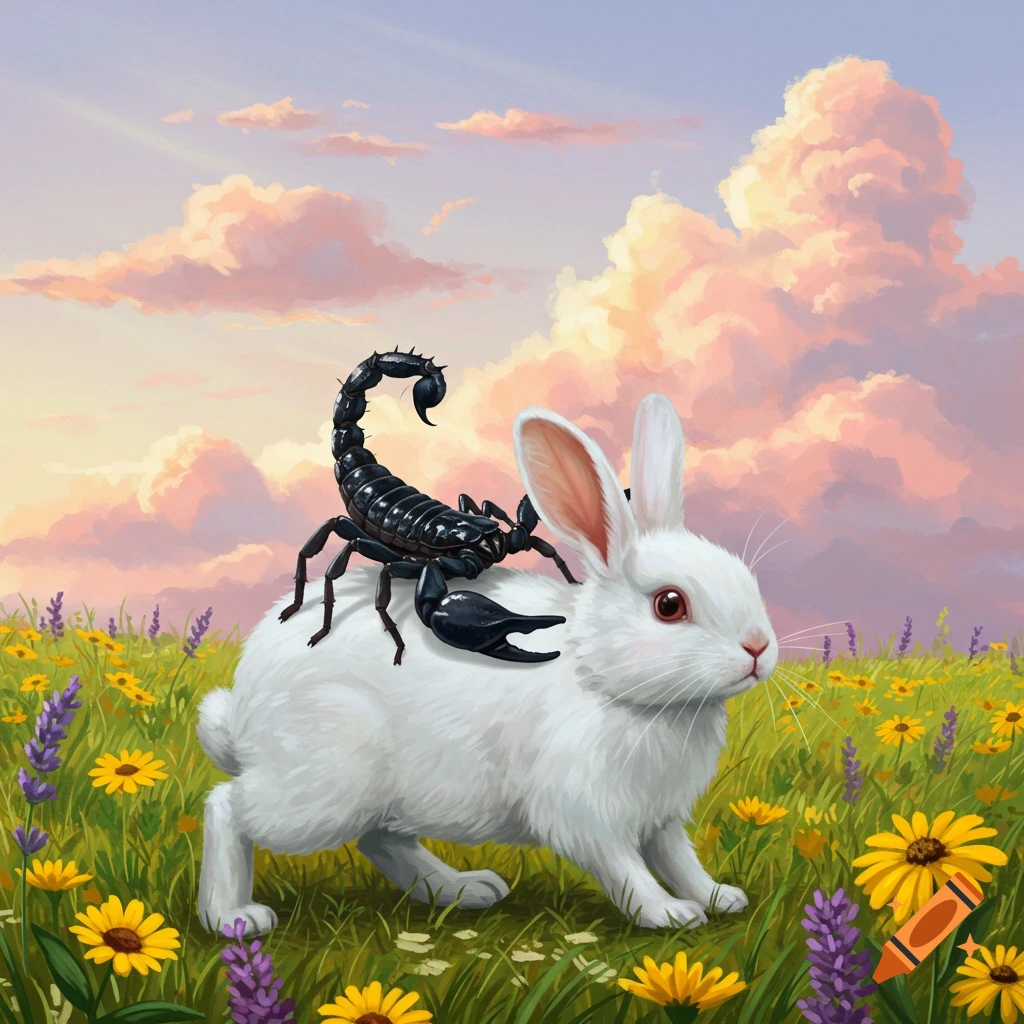 A black scorpion rides on the back of a white rabbit in a field of yellow and purple flowers under a pastel sky.