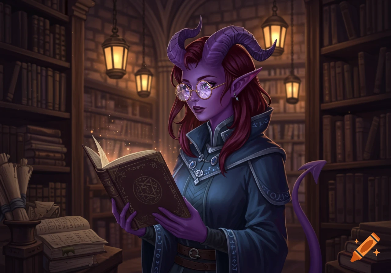 A purple-skinned tiefling woman with red hair and horns wears glasses and a dark robe, reading a glowing magic book in a dimly lit library.