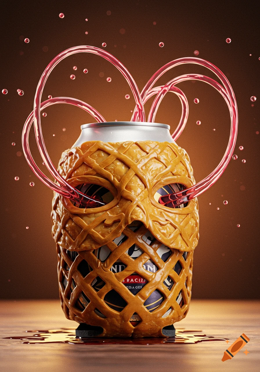 A can of beer covered in a golden, lattice-patterned baklava-style mask, with pink liquid tubes emerging from it and spilling onto a wooden surface. Bubbles float in the background.
